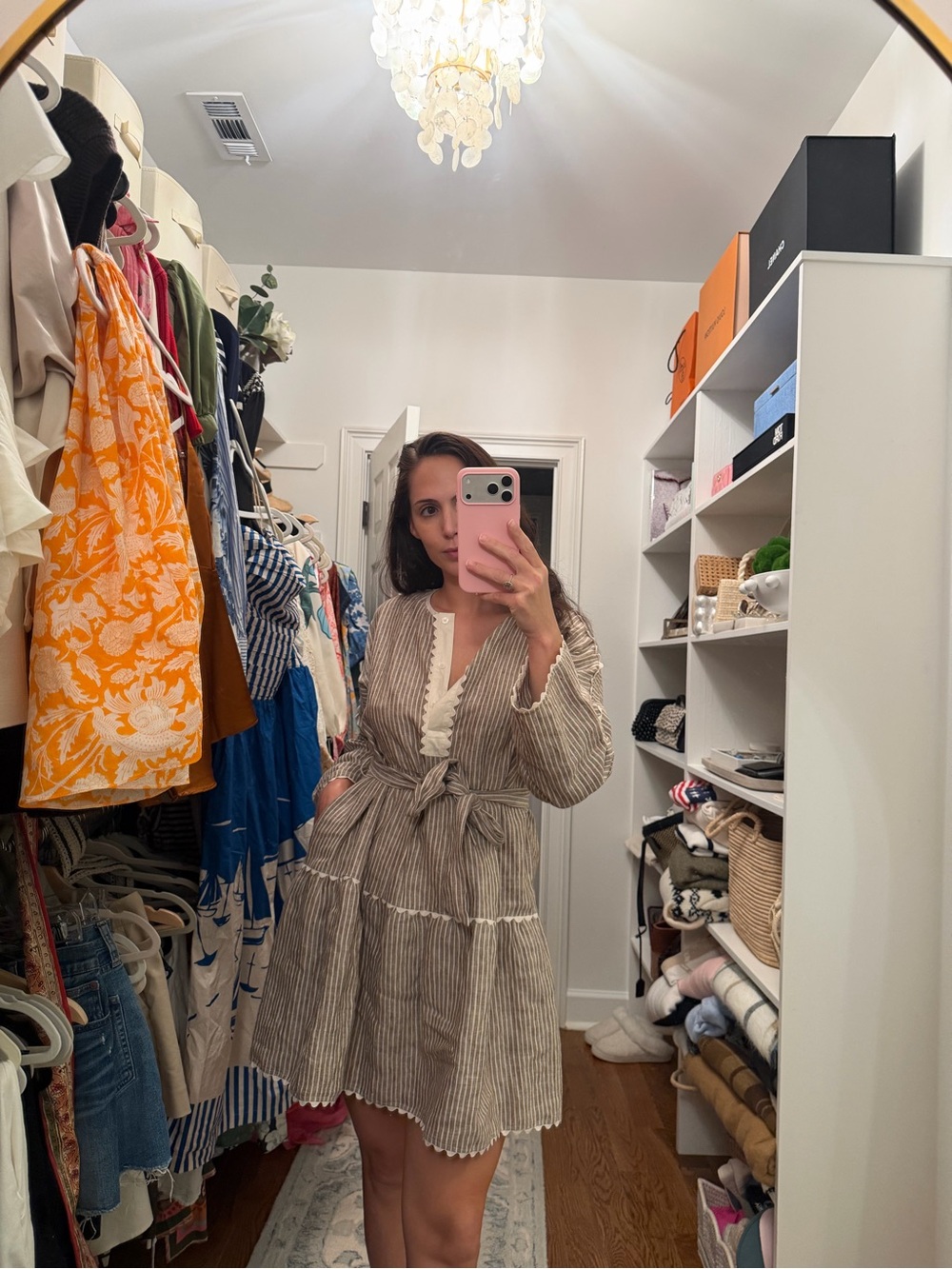 Tuckernuck Taupe-Striped V-Neck Tie-Waist Mini Dress